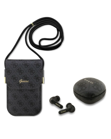 GUESS – Bolso de Polipiel Negro con Auriculares TWS y Logo 4G