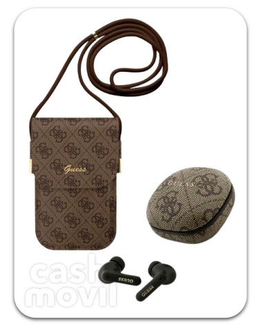 GUESS – Bolso de Polipiel Marrón con Auriculares TWS y Logo 4G