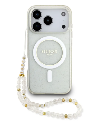 Funda GUESS iPhone 17 Pro Max Transparente Magsafe con Brillo y Correa de Perlas