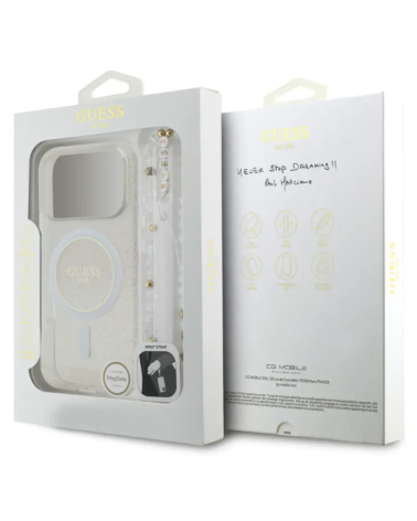 Funda GUESS iPhone 17 Pro Max Transparente Magsafe con Brillo y Correa de Perlas