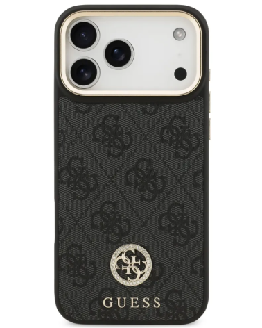 Funda GUESS 17 Pro Max Polipiel Negra Logo Strass y Correa Ancha