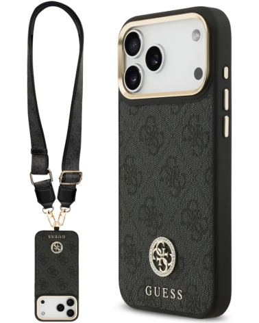 Funda GUESS 17 Pro Polipiel Negra Logo Strass y Correa Ancha